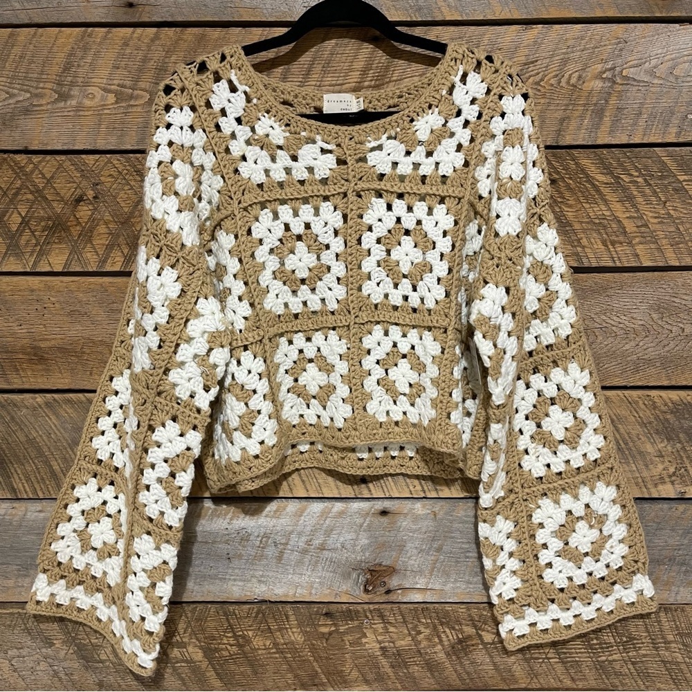 Dreamers by Debut Sweater Medium Large Cream Tan Crochet Granny Square Boho